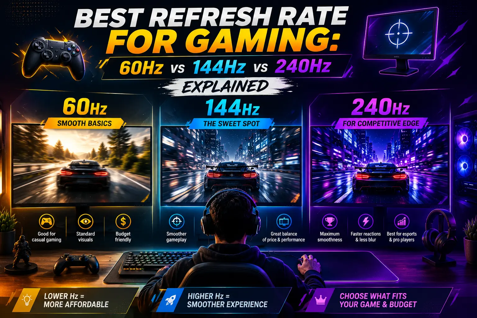 Best Refresh Rate for Gaming: 60Hz vs 144Hz vs 240Hz Explained 2 Best Refresh Rate for Gaming: 60Hz vs 144Hz vs 240Hz Explained