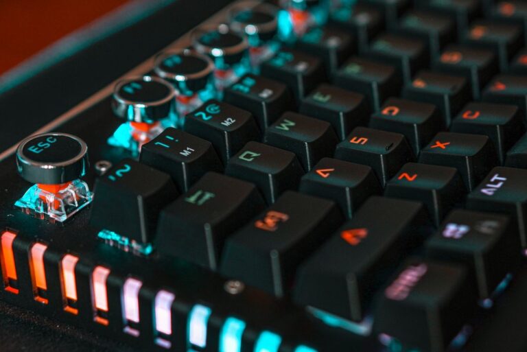 Close-up of an RGB backlit gaming keyboard