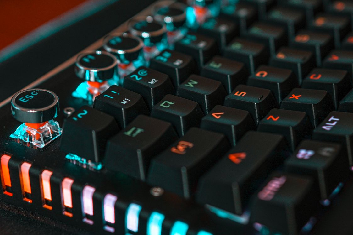 Close-up of an RGB backlit gaming keyboard