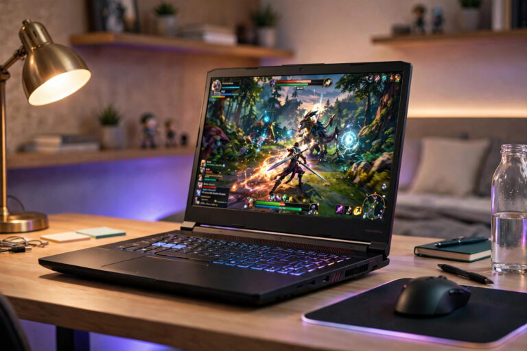 A budget gaming laptop on a desk showing a game on its screen