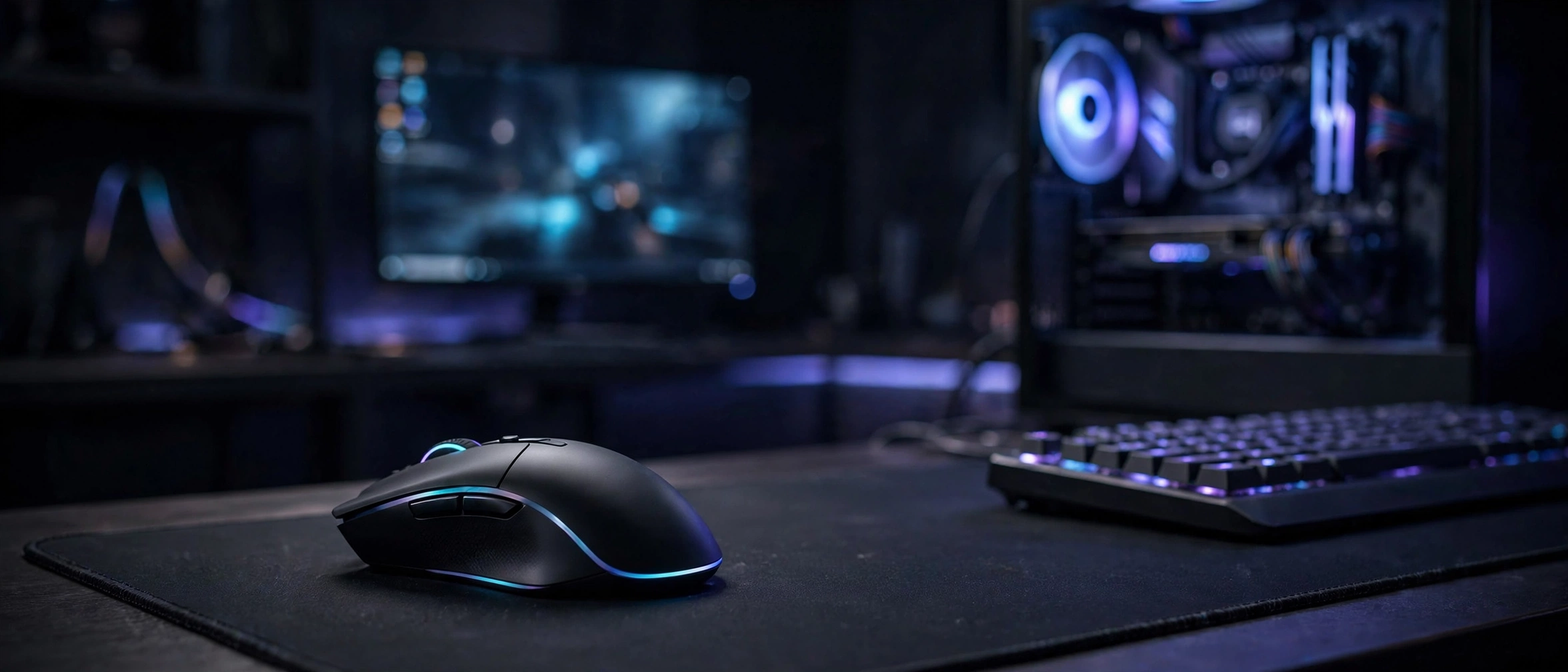 Gaming mouse with RGB lighting on a mousepad in a dark gaming PC setup