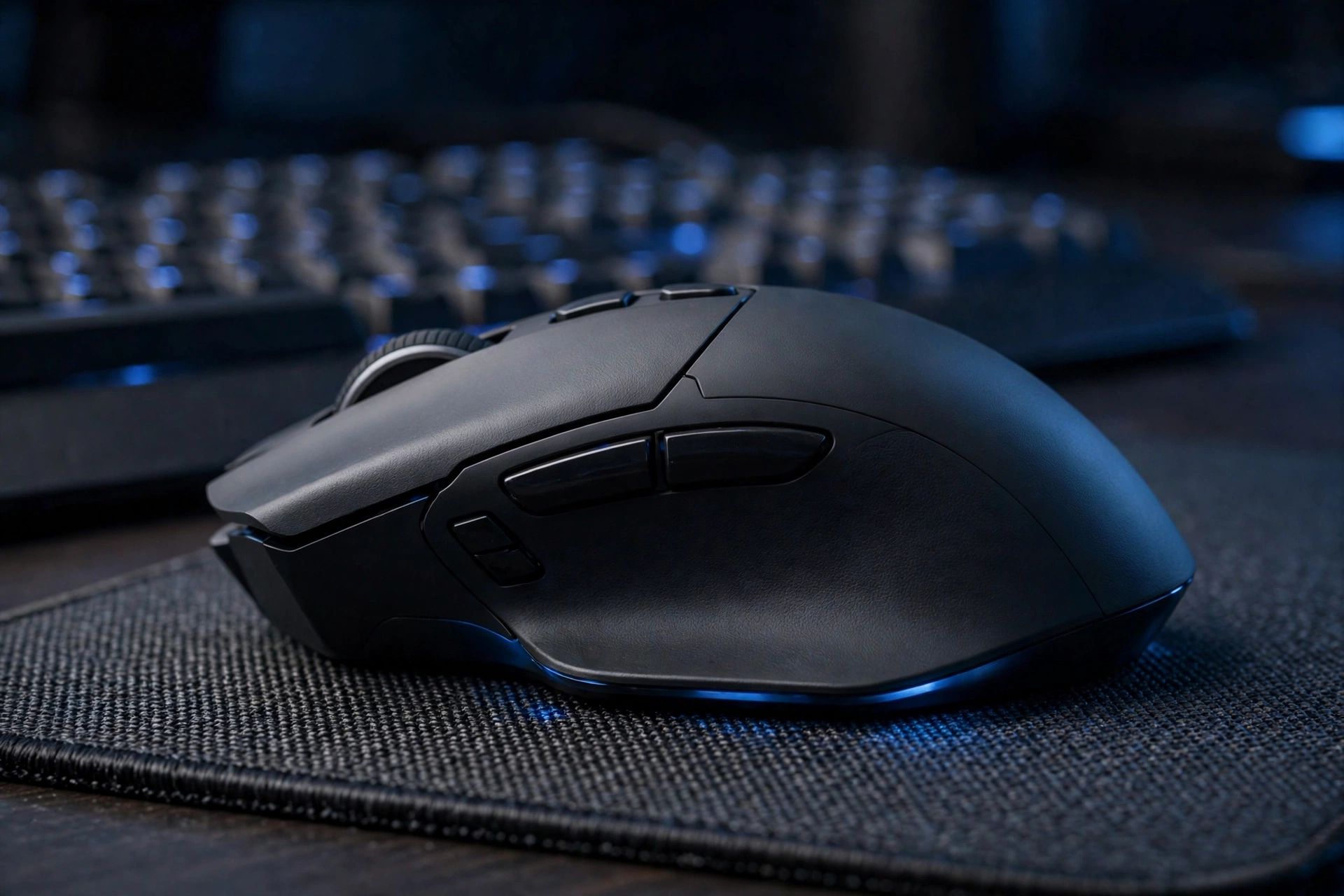 Close-up of an ergonomic gaming mouse on a textured mousepad with a keyboard in the background