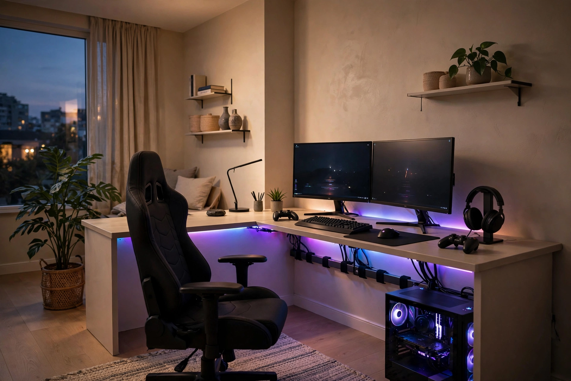 L-shaped gaming desk setup with dual monitors in a corner