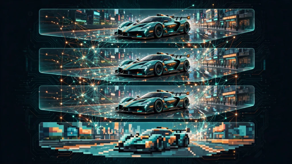 Layered illustration of a game frame being reconstructed from pixelated to sharp by an AI upscaler