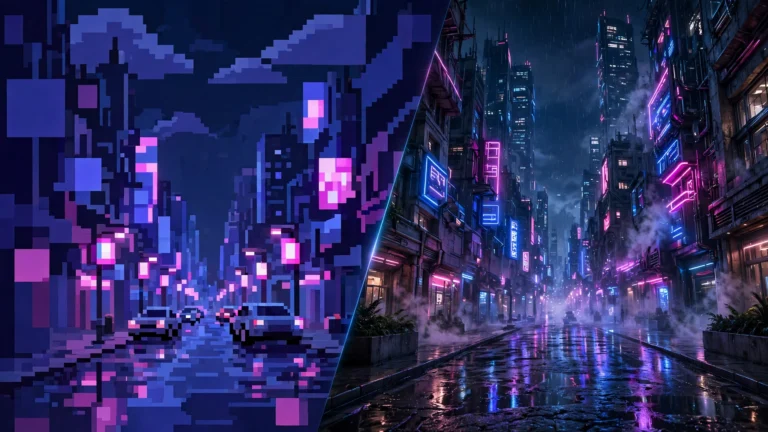 What Is AI Upscaling? DLSS vs FSR vs PSSR vs QSSR Explained 7 Split-screen of a pixelated game scene beside the same scene reconstructed sharp, illustrating AI upscaling