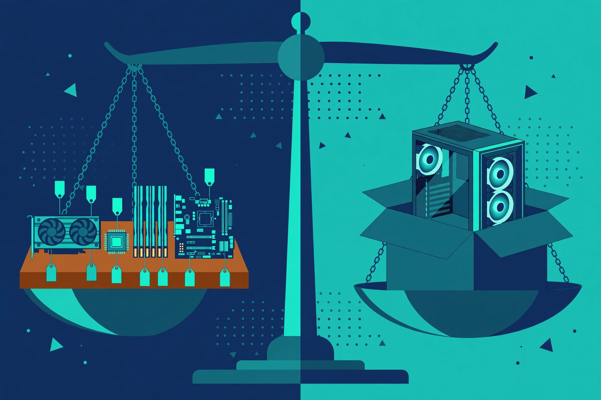 Illustration of a balance scale weighing individual DIY PC parts against a prebuilt gaming PC