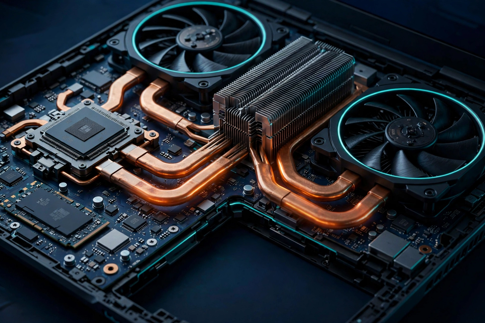 Close-up of a gaming laptop's internal cooling system showing copper heatpipes and dual fans