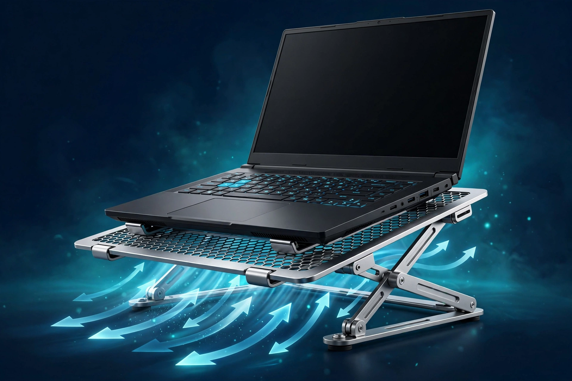 Gaming laptop on a metal cooling stand with blue airflow arrows underneath