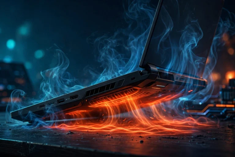 Gaming laptop with heat visibly rising from its vents and an orange glow underneath