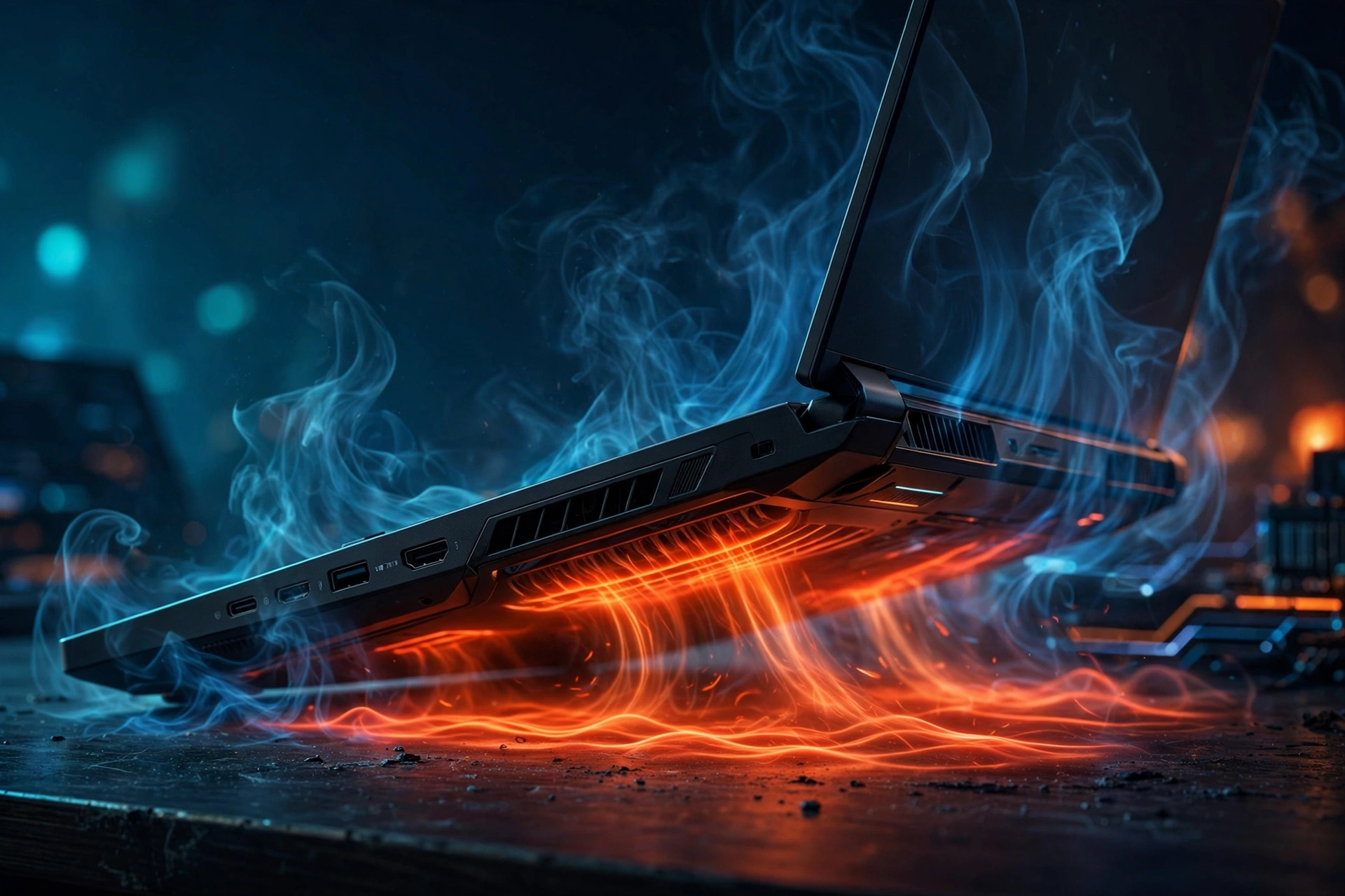 Gaming laptop with heat visibly rising from its vents and an orange glow underneath