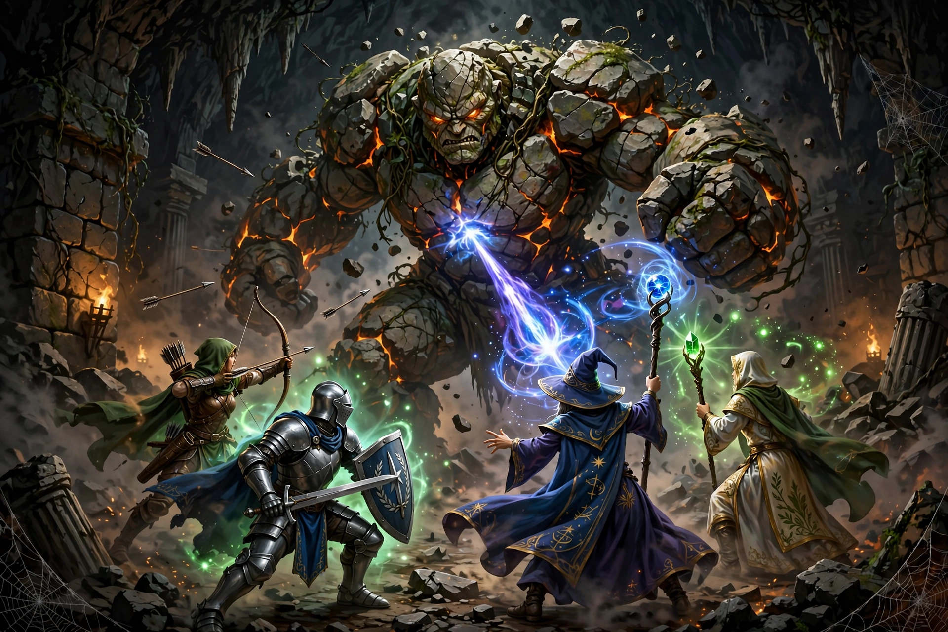 What Is PvE in Gaming? (Meaning & Examples) 2 Party of four adventurers fighting a giant stone golem boss in a dungeon