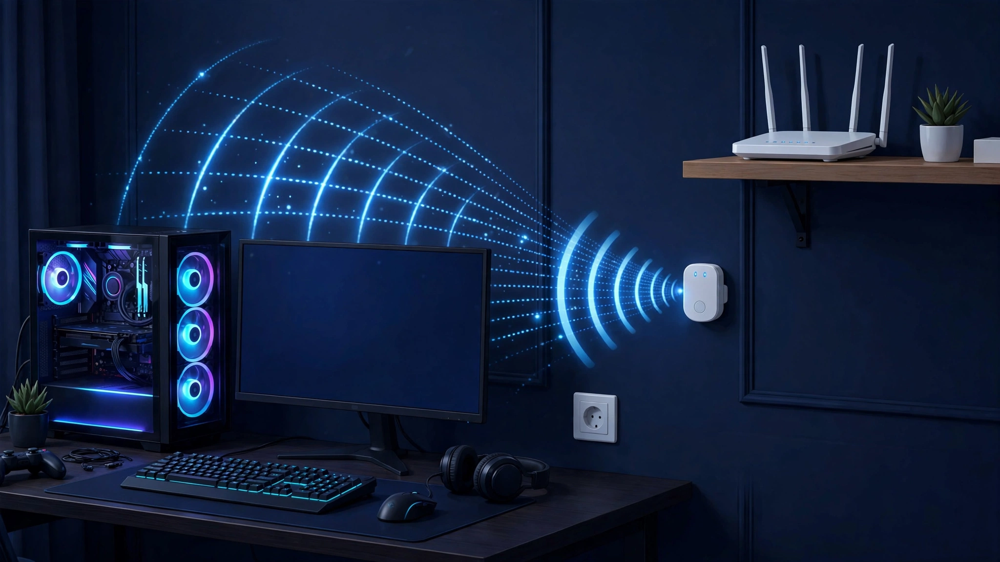 WiFi extender plugged into a wall sending a signal to a gaming PC setup