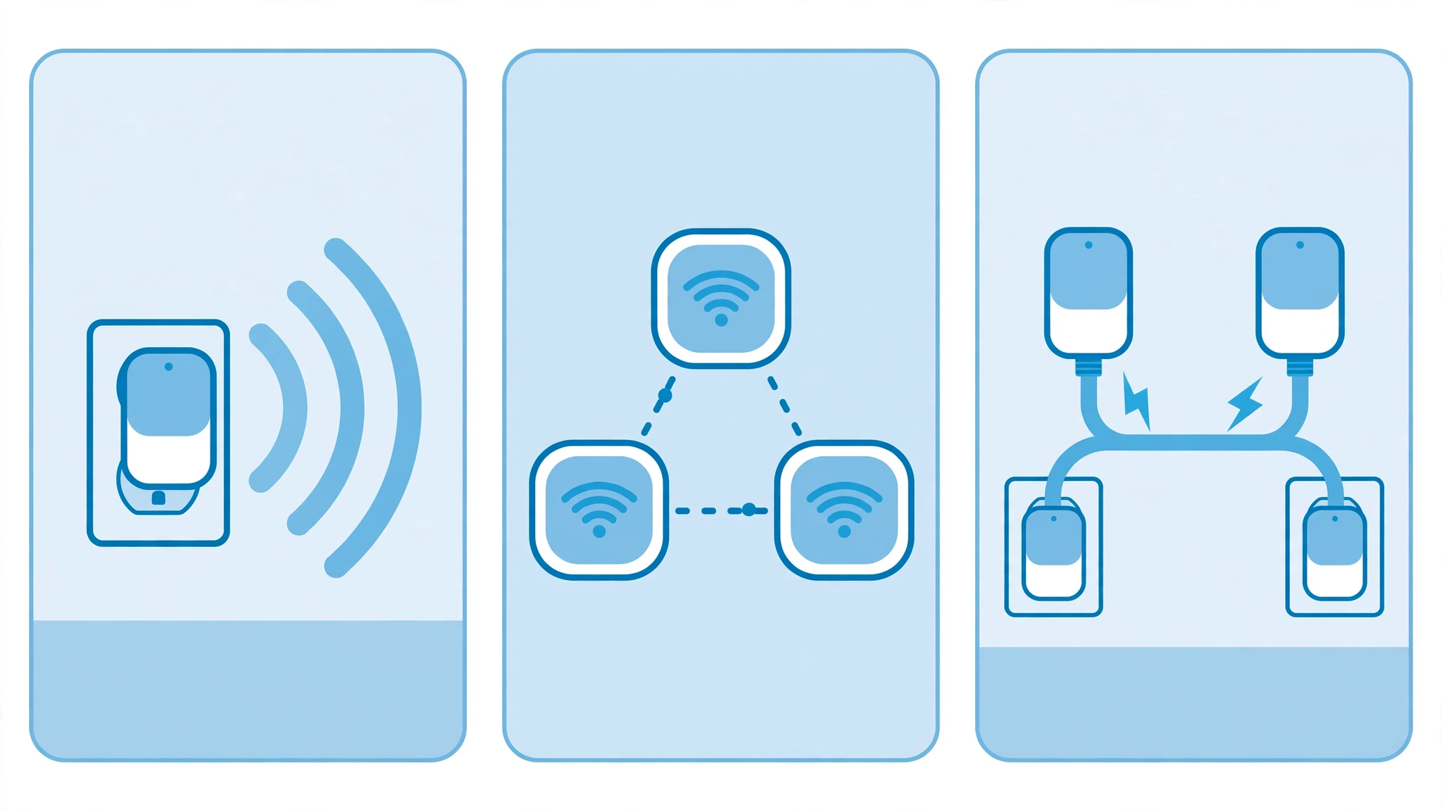 Illustration showing three ways to fix a WiFi dead zone: a wall-plug WiFi extender, a three-node mesh WiFi system, and a pair of powerline adapters using home electrical wiring