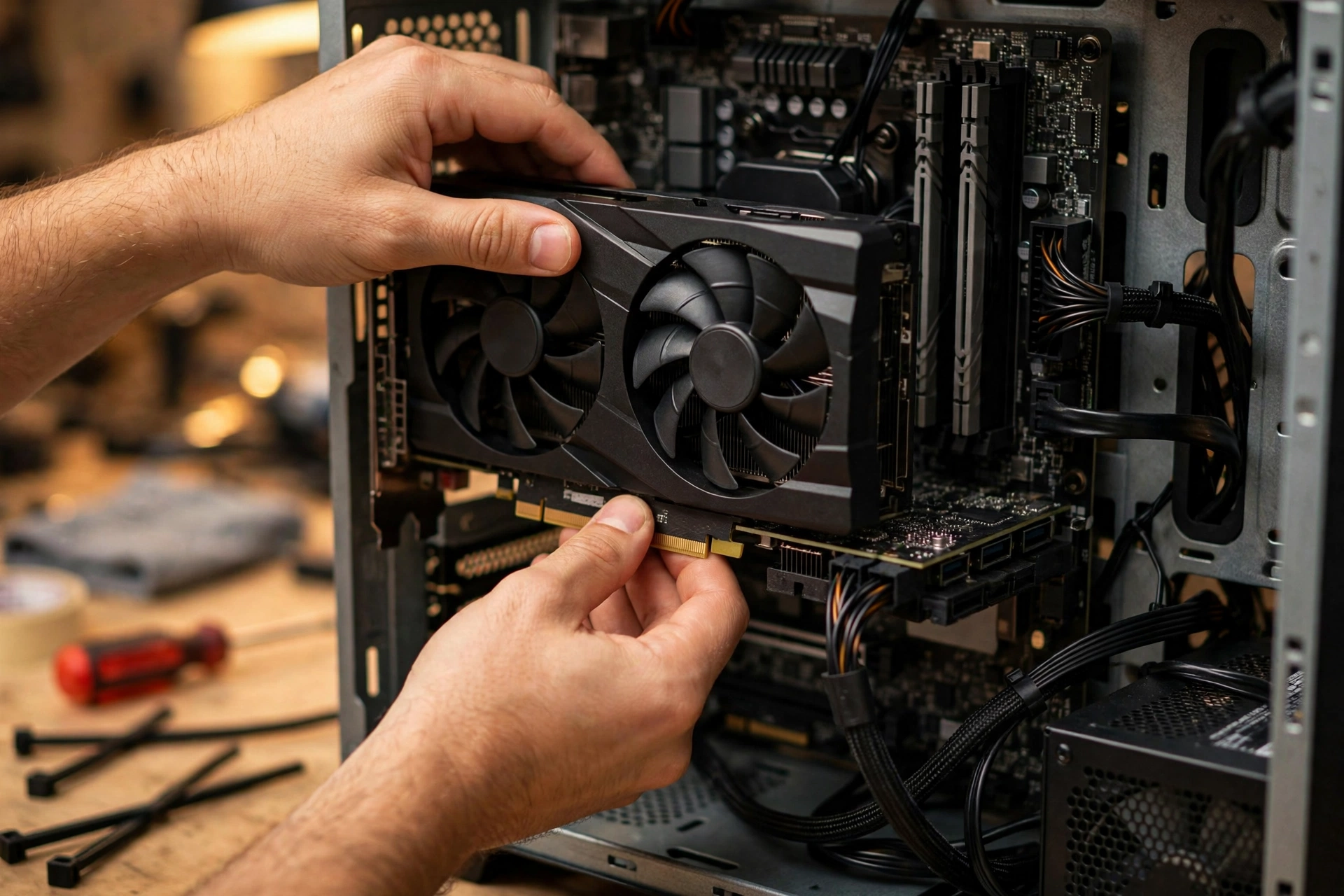 Hands installing a graphics card into a motherboard inside an open PC case