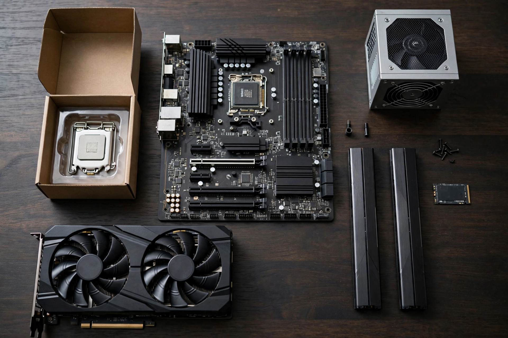 PC components laid out on a desk: graphics card, motherboard, processor, memory sticks, SSD and power supply