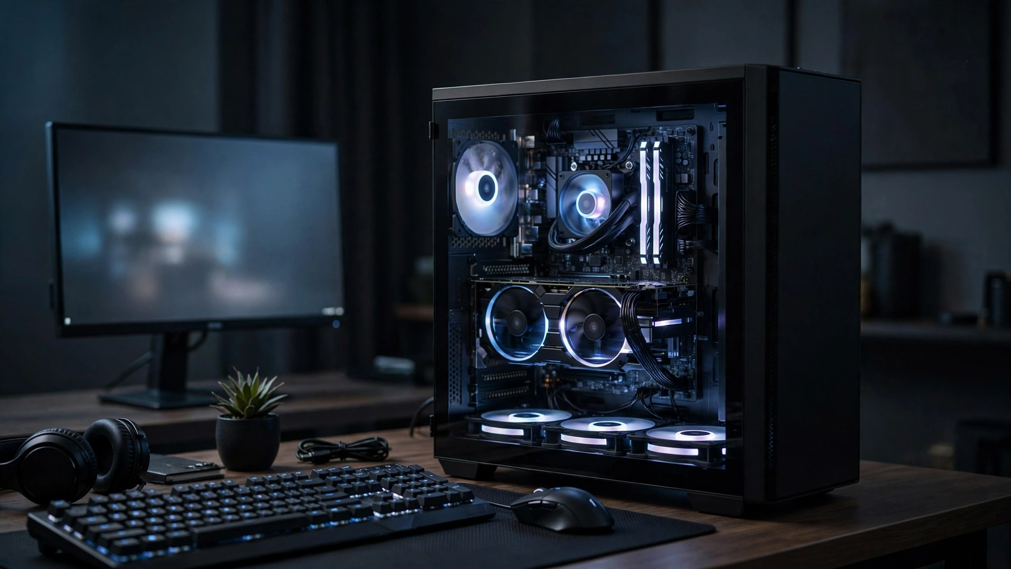 Budget gaming PC tower with glass side panel on a desk next to a monitor and keyboard