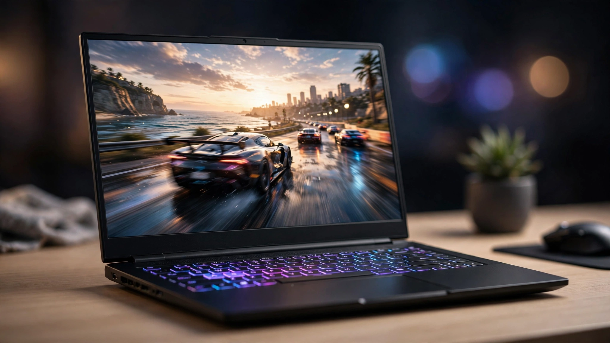 Gaming laptop on a desk running a racing game