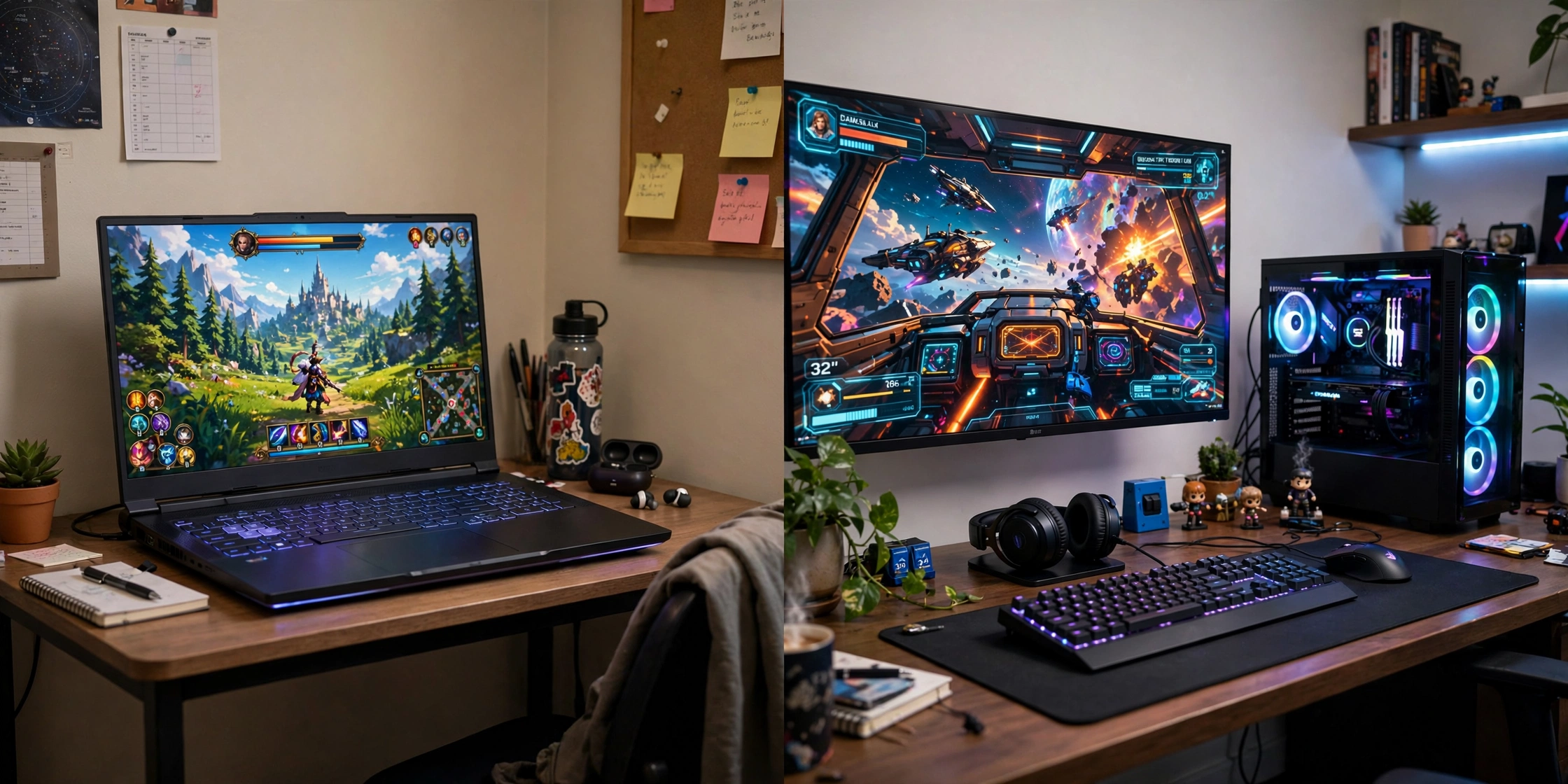 Gaming laptop and desktop PC setups compared side by side