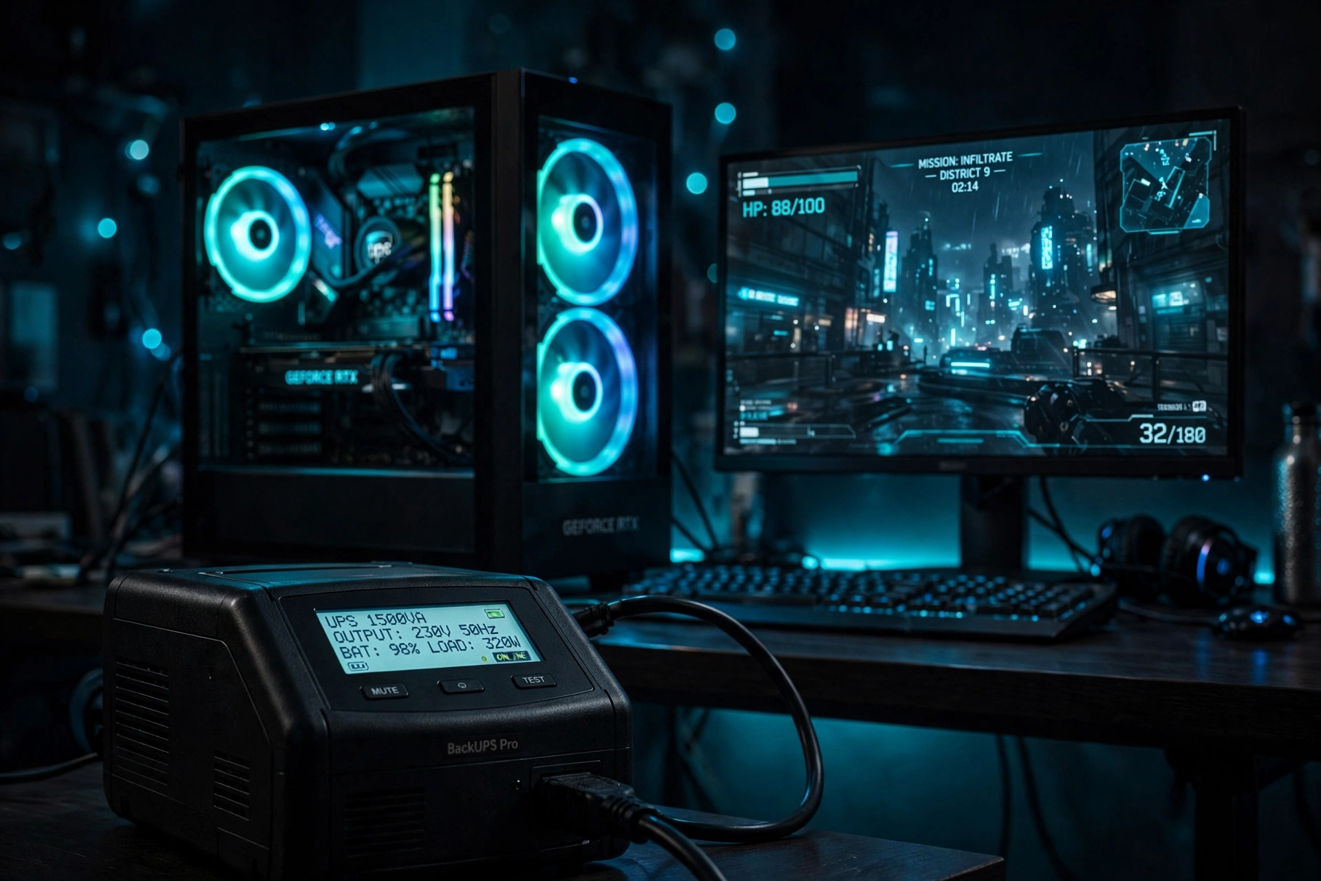Gaming PC setup with a UPS battery backup unit protecting the computer