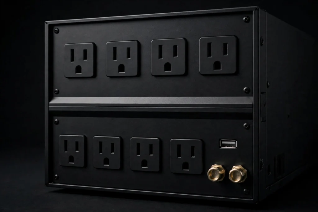 Back panel of a UPS battery backup unit with AC outlets, USB port, and coaxial surge ports