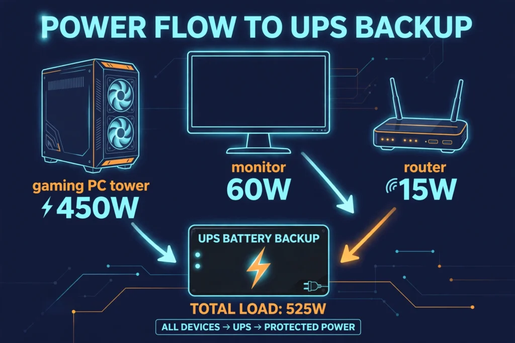 Diagram showing how to size a UPS by adding PC, monitor, and router wattage