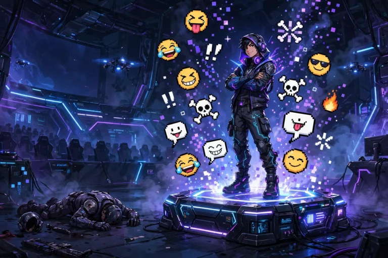 Gaming character celebrating a win surrounded by emote icons