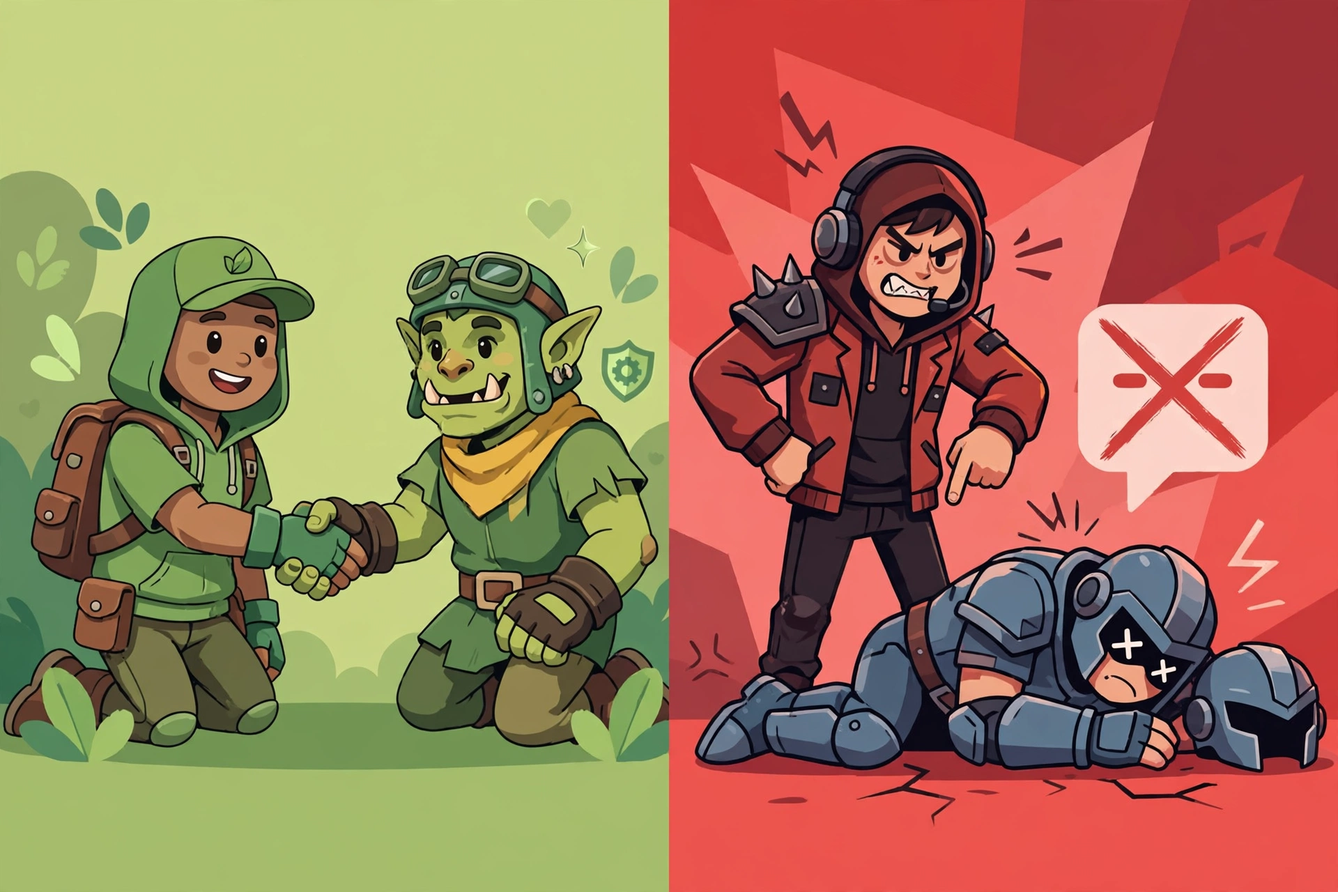What Does BM Mean in Gaming? (Explained With Examples) 2 Split illustration comparing friendly gaming banter on the left with toxic BM behavior on the right