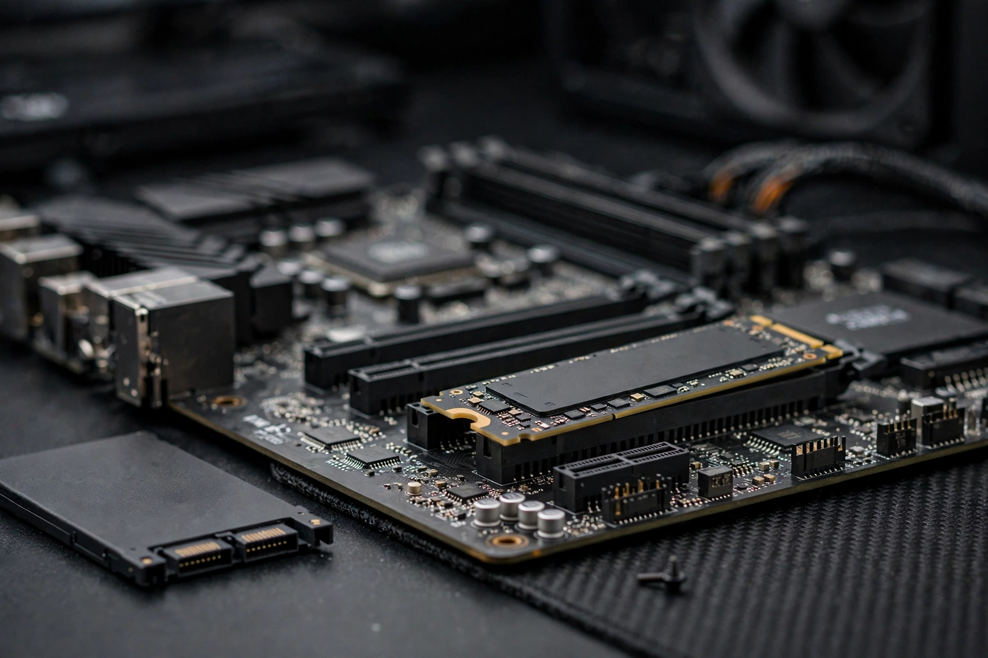 M.2 NVMe SSD installed in a motherboard slot next to a 2.5-inch SATA SSD