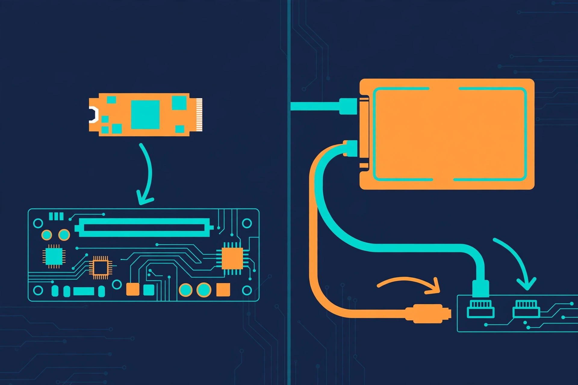 Diagram comparing an M.2 NVMe SSD that plugs into the motherboard with a 2.5-inch SATA SSD connected by cables