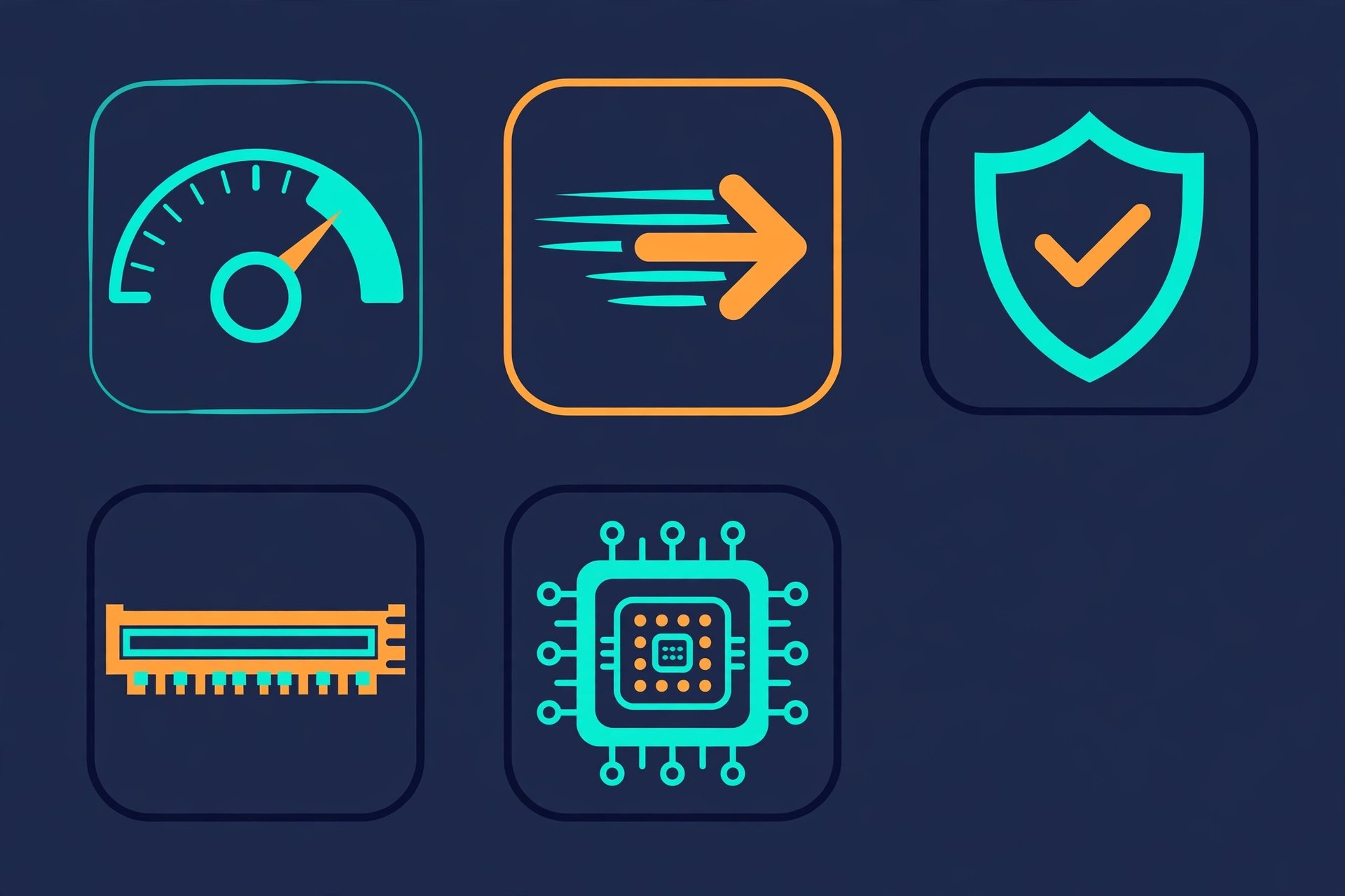 Icons for SSD buying criteria: capacity, speed, warranty, slot compatibility, and cache