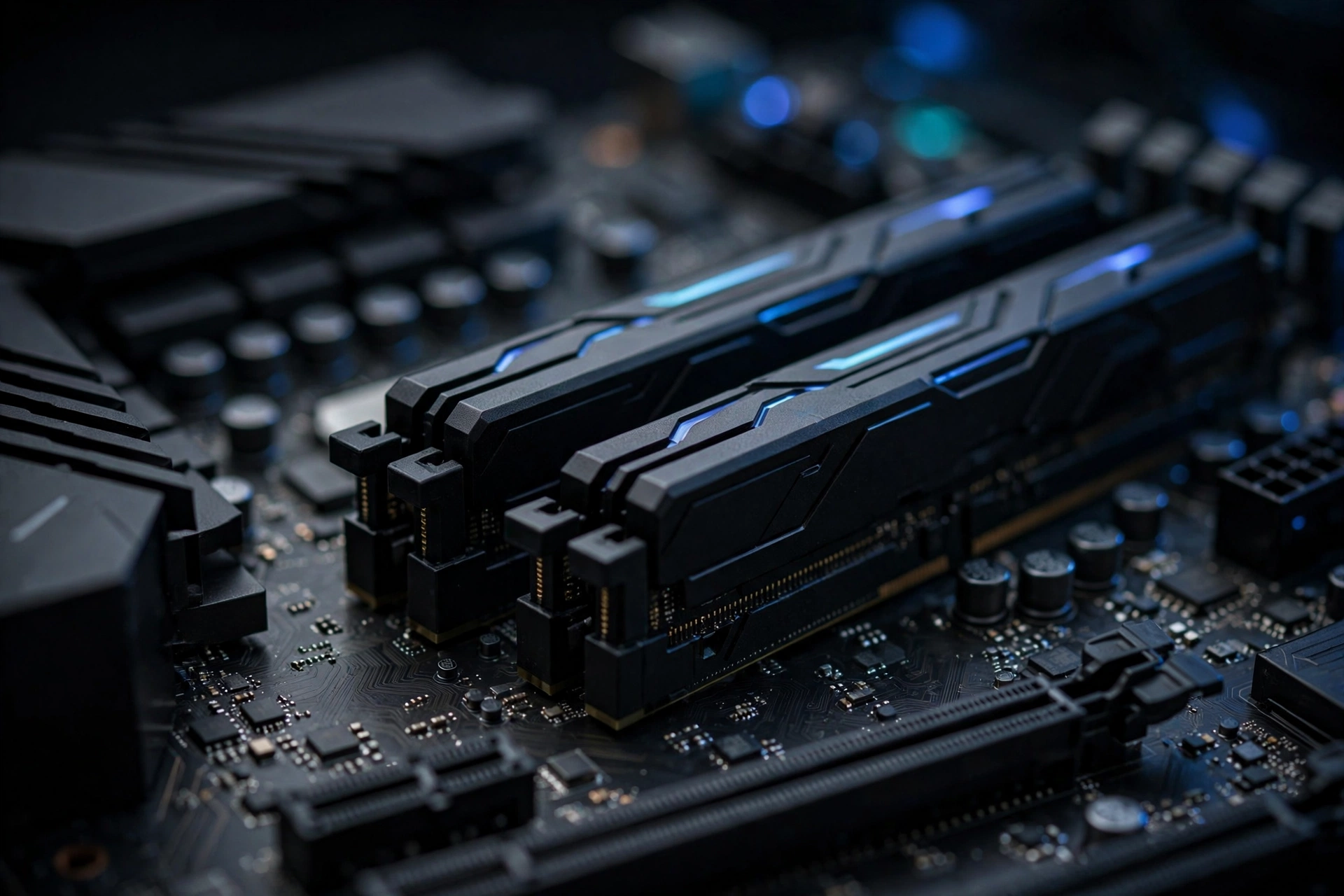 Two DDR5 RAM sticks installed in a gaming PC motherboard