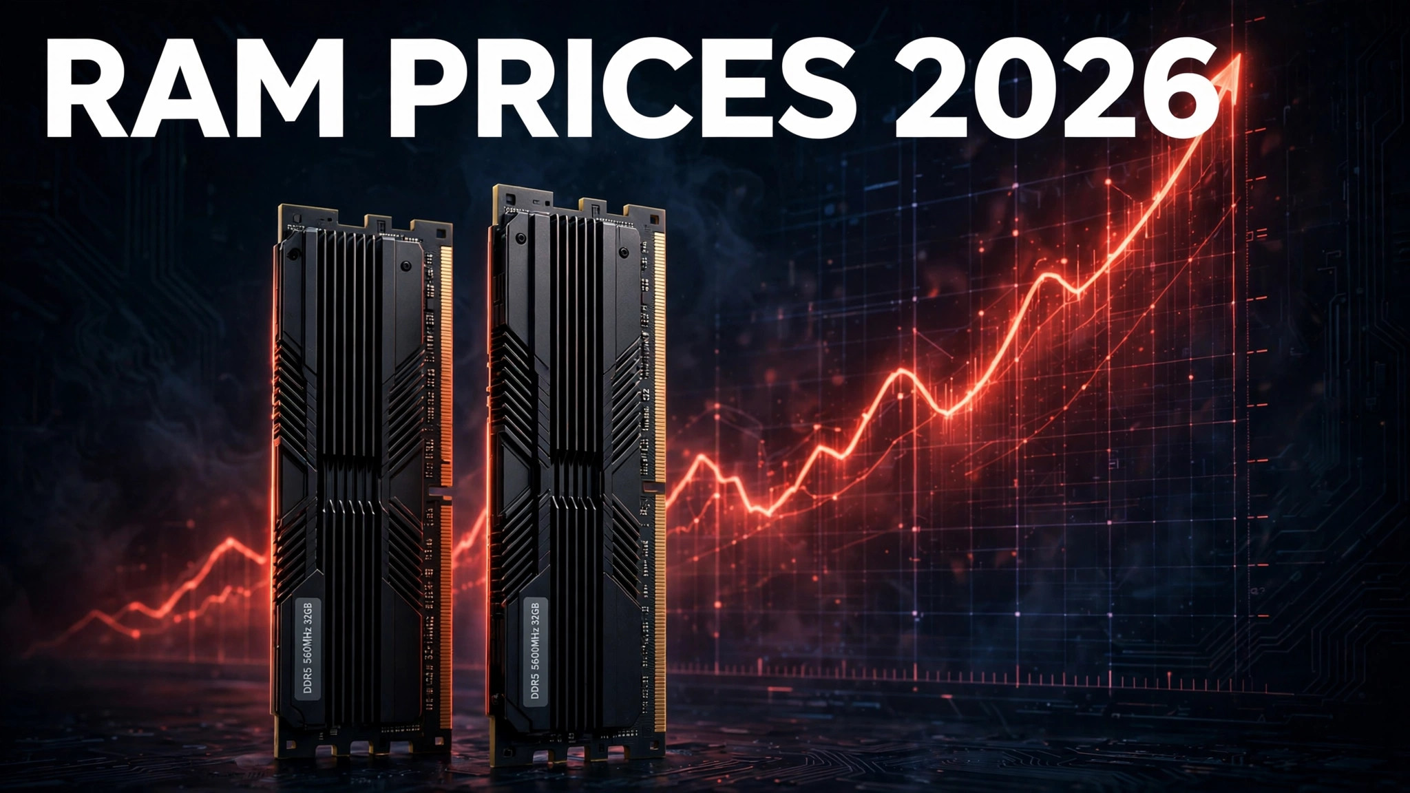 RAM Prices in 2026: Why They're So High and Should You Buy Now? 1 DDR5 RAM sticks in front of a rising red price chart