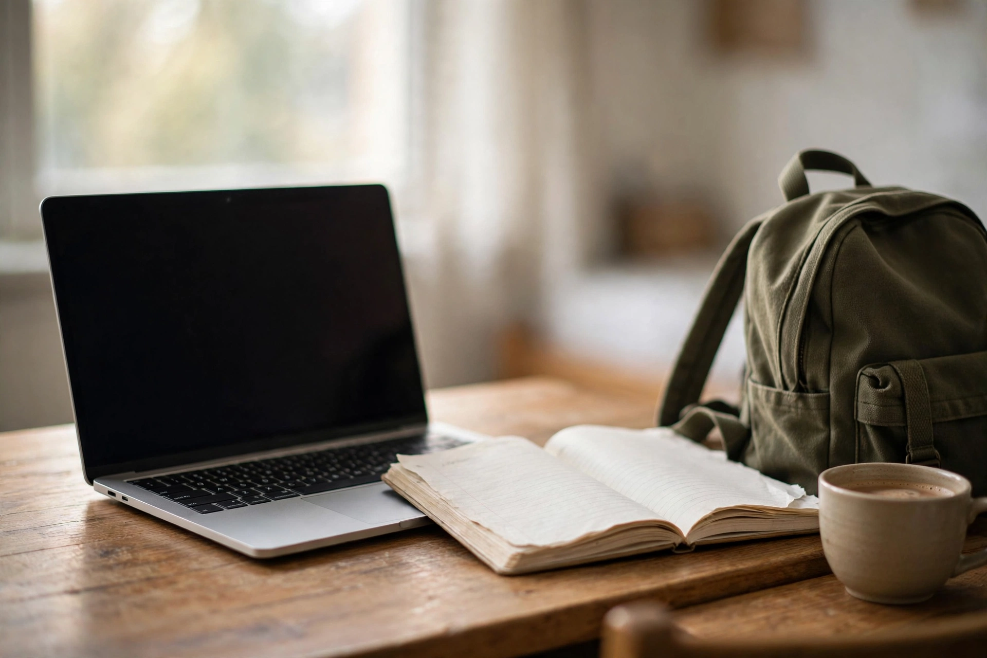 Best Laptop for College Students in 2026 (Pick by Your Major) 1 A laptop on a college dorm desk with a backpack, notebook, and coffee cup