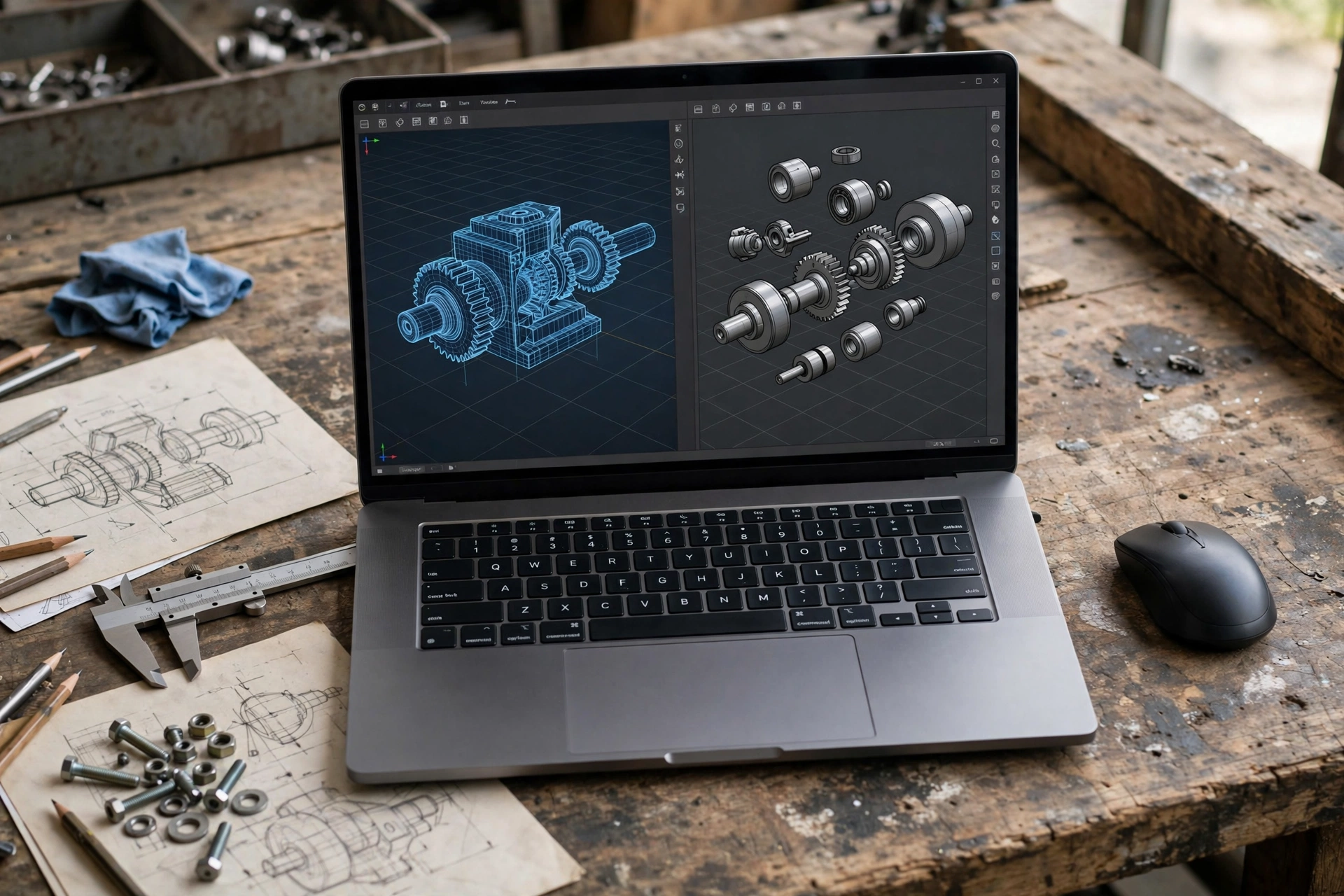 Best Laptop for College Students in 2026 (Pick by Your Major) 2 A laptop displaying 3D CAD mechanical engineering models on a workshop desk