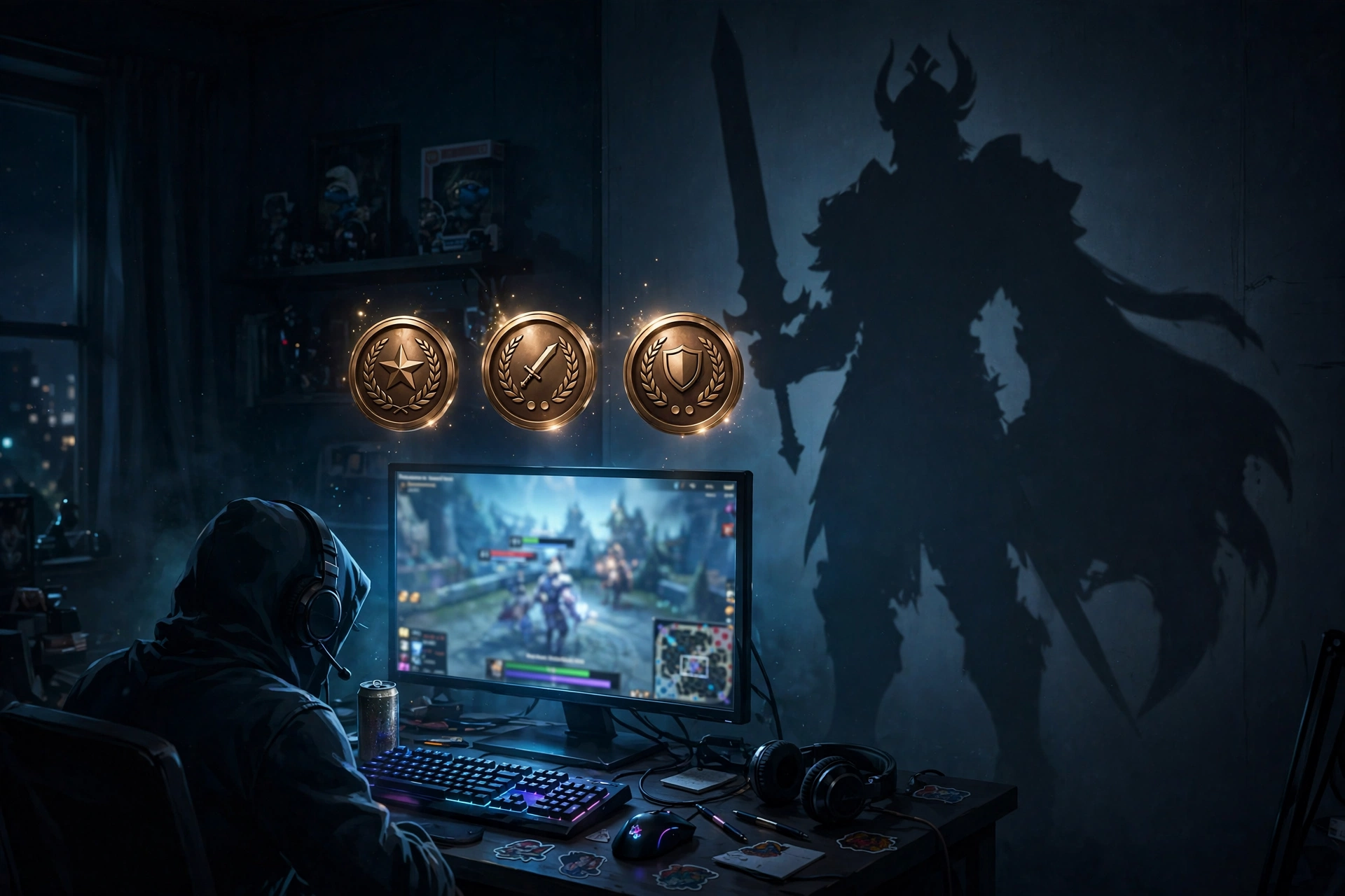 Illustration of a gamer on a low-rank account with a giant champion's shadow showing their true skill level