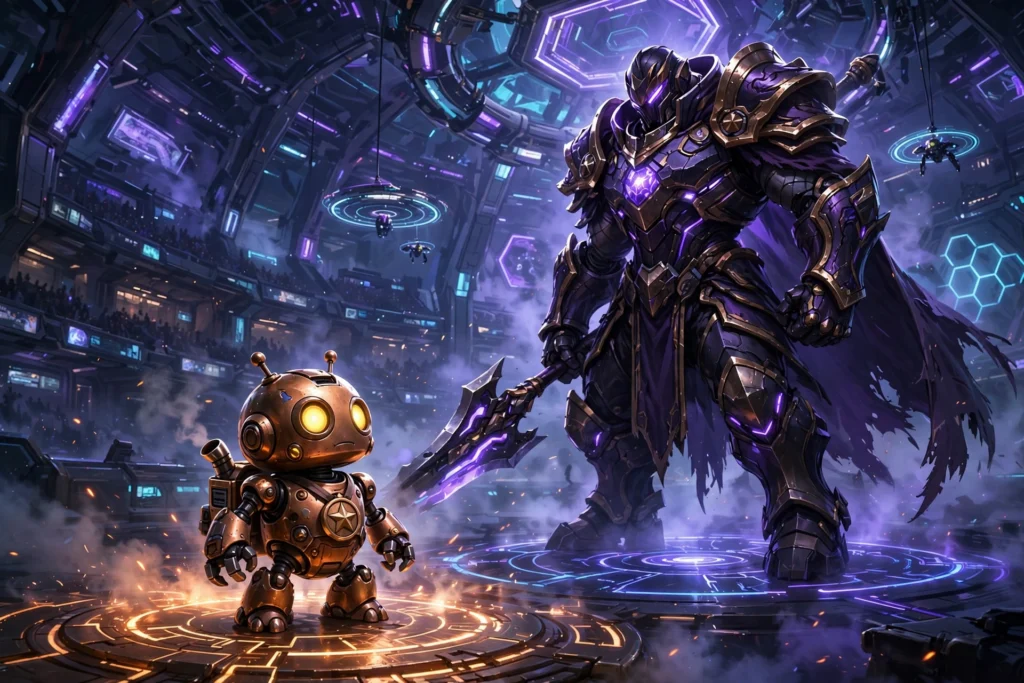 Illustration of a small low-rank character facing a giant champion, showing unfair matchmaking caused by smurfing