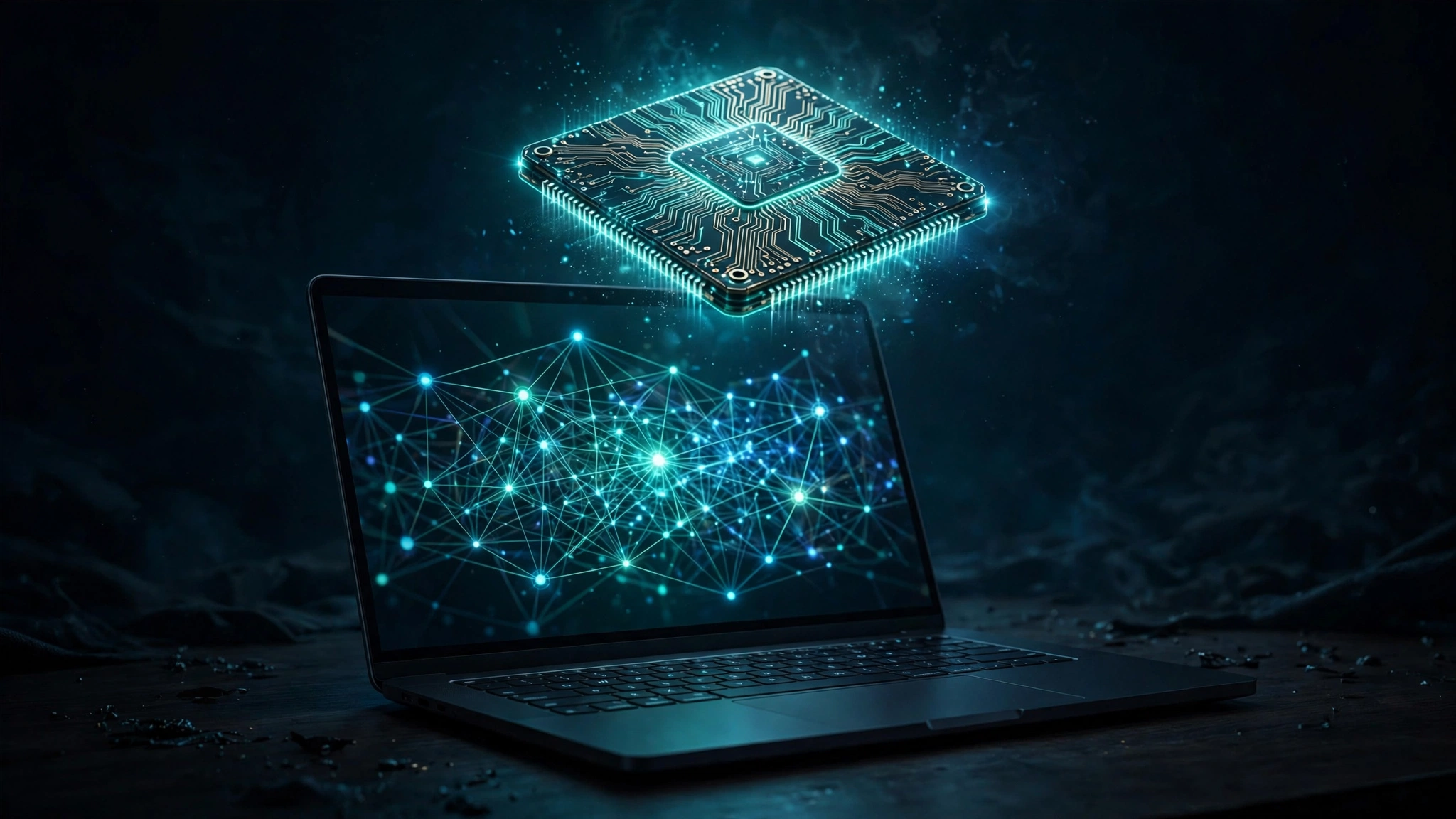 Dark laptop displaying an AI neural network with a glowing processor chip floating above it
