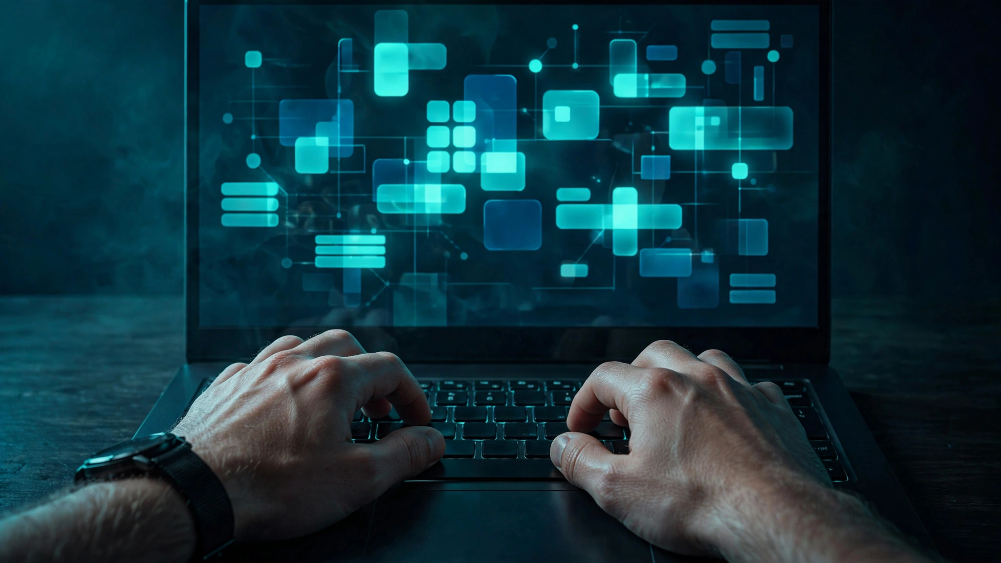 Hands typing on a laptop keyboard in a dark room with an abstract AI interface on the screen