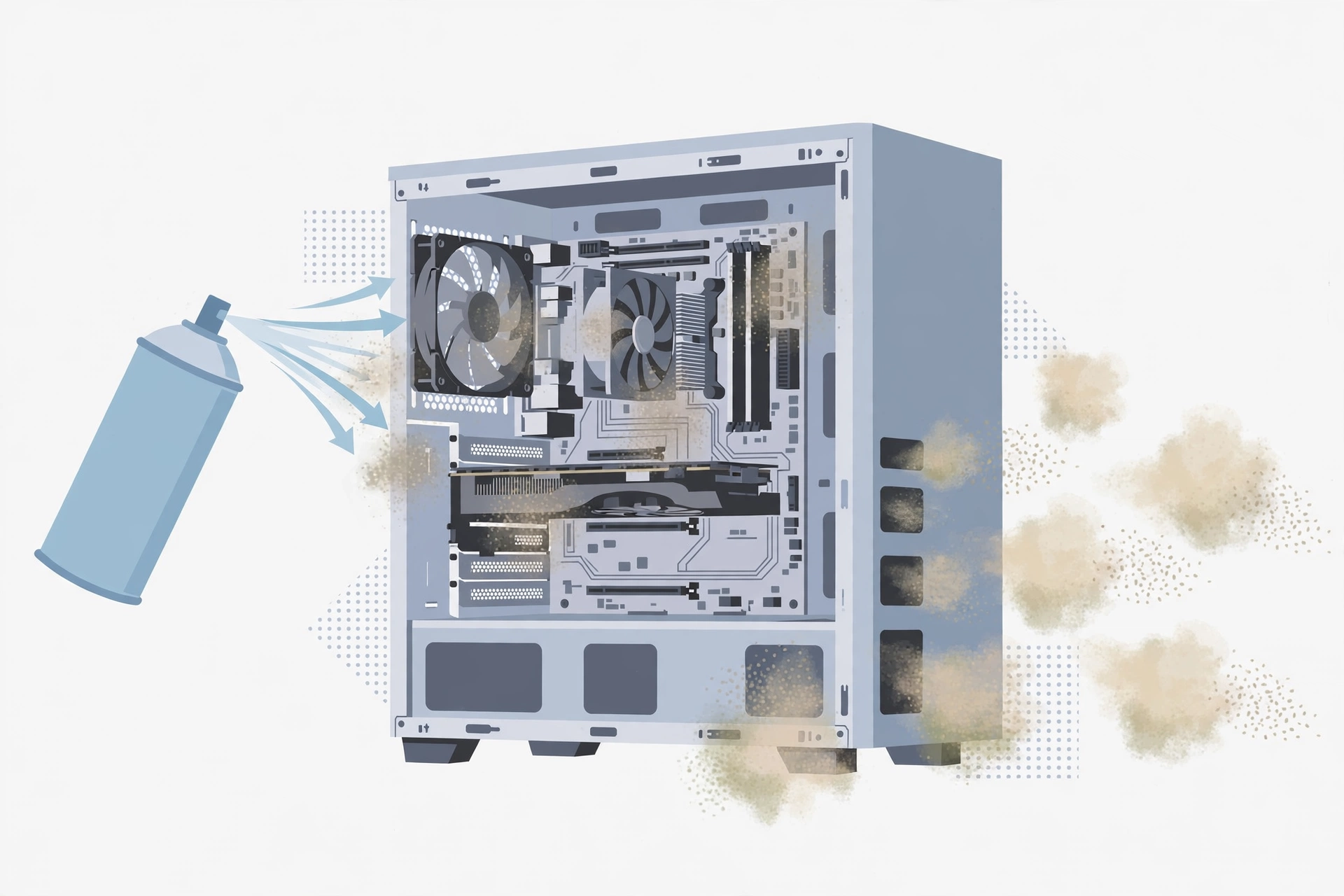 Illustration of cleaning dust from a desktop PC's fans and vents with a can of compressed air