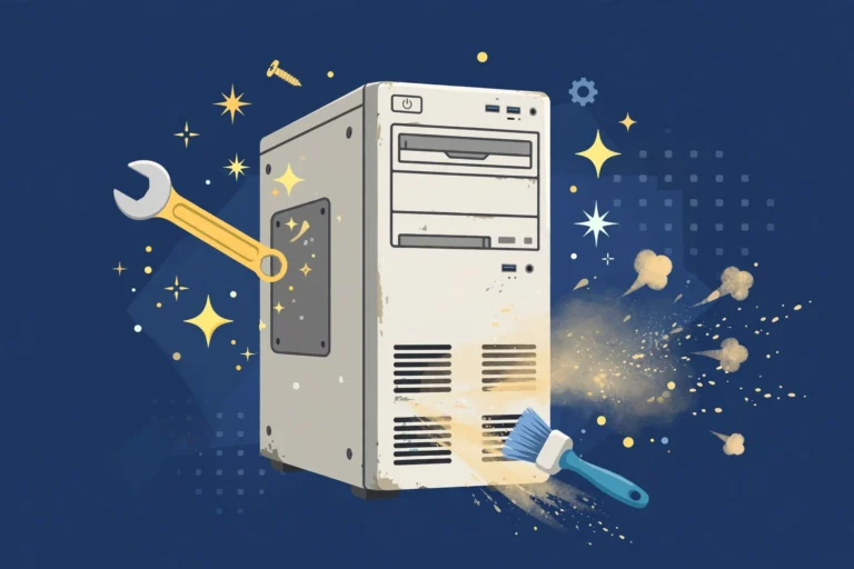 Illustration of an older desktop PC being refreshed with tune-up tools